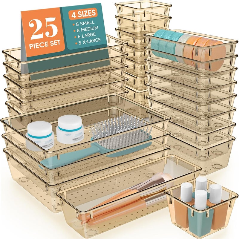 WOWBOX 25 PCS Plastic Drawer Organizer Set, 4 Sizes Desk Drawer Divider Organizers and Storage Bins for Makeup, Jewelry, Gadgets for Kitchen, Bedroom, Bathroom, Office, Clear Champagne - Image 1